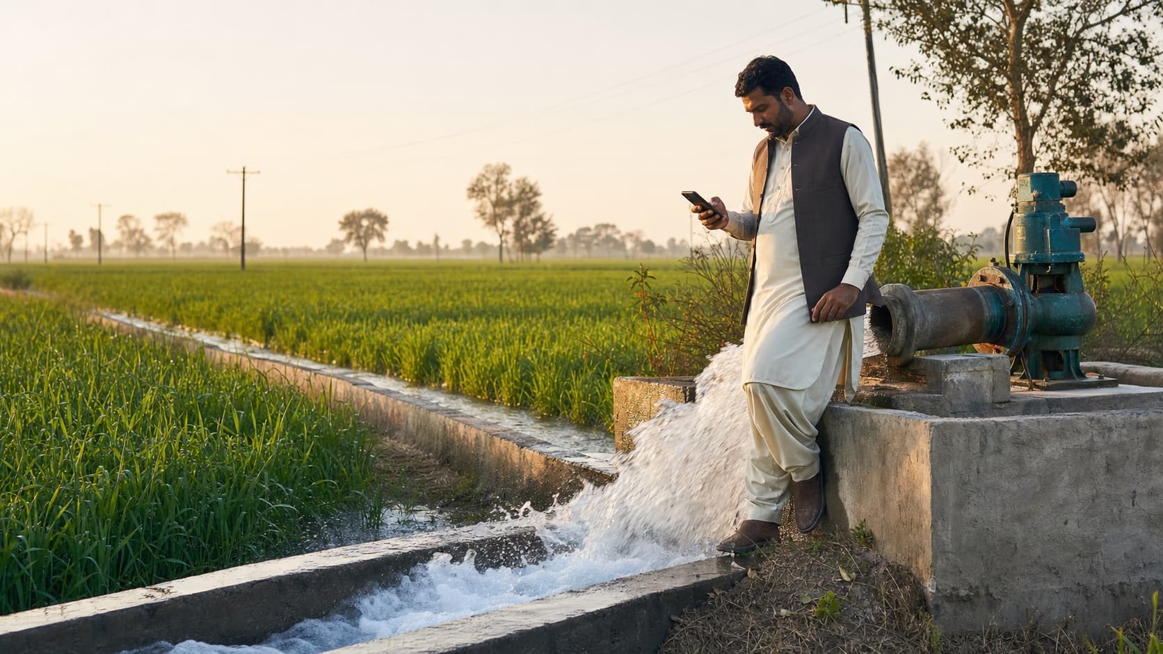 Farmer monitoring an operating agricultural tubewell from a smartphone